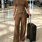 Women's Skew Neck 2 Piece Outfits Ruched Tie Waist Short Sleeve Top and High Waisted Wide Leg Pants Lounge Set