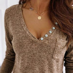 Women's V-Neck Button Decor Knit Top Long Sleeve Slimming Tee with Chest Pocket Casual Soft Pullover