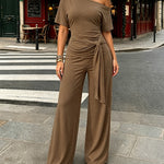 Women's Skew Neck 2 Piece Outfits Ruched Tie Waist Short Sleeve Top and High Waisted Wide Leg Pants Lounge Set