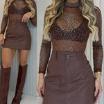 Women's Rhinestone Mock Neck Mesh Top Sexy Sheer Long Sleeve See Through Tee Sparkly Party Nightclub Top