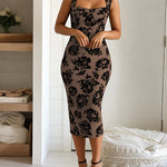 Women's Vintage Flocking Rose Midi Dress Square Neck Sleeveless Bodycon Dress Elegant Club Party Gown