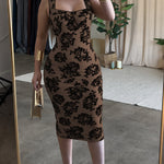 Women's Vintage Flocking Rose Midi Dress Square Neck Sleeveless Bodycon Dress Elegant Club Party Gown