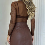 Women's Rhinestone Mock Neck Mesh Top Sexy Sheer Long Sleeve See Through Tee Sparkly Party Nightclub Top