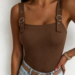 Women's Ribbed Knit Tank Top Square Neck Slim Fit Cami Top Adjustable Eyelet Strap Backless Top