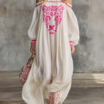 Elegant Flowing, Ultra-loose Off-shoulder Pink Leopard Print Off-white Chiffon Maxi Dress