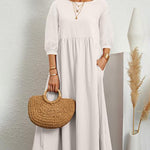 Lantern Sleeve Long Dress Solid Color Loose Crew Neck Mid Waist Dresses with Pockets