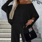 Solid Color Two Pieces Sets Off-shoulder Bat Sleeve Top Casual Wide Leg Pants Suit