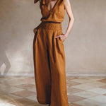 Two Piece Outfits Solid Color Tie Deep V Top High Waist Wide Leg Pants Suit