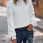 Zeagoo Zeagoo Casual Fold Bubble Cuff Bow Lace Round Neck Shirt Top