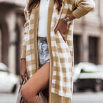 Khaki Plaid Ribbed Contrast Open Front Long Cardigan