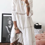 Nadorine Women's Boho Solid Neck Hollow Out Splice 3/4 Sleeve Midi Dresses