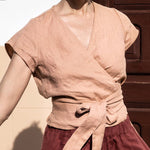 Nadorine V-neck Slanted Breast Cotton and Linen Tie Waist Short Top