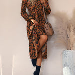 Long-sleeved Leopard Print Button Mid Dress with Belt