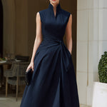 Sleeveless Wrap Midi Dress With Structured Stand Collar