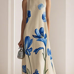 Loose Sleeveless Flower Print Mock Neck Maxi Dresses