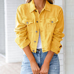 Nadorine Cropped Denim Jacket Button Down Short Trucker Distressed Raw Hem Ripped Jean Jackets