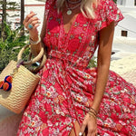 Summer in Greece Boho Print Ruffle Sleeve Elastic Waist High-low Midi Dress