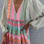 Geometric Color Block Bohemian Casual Pleated Patchwork Long-sleeved V-neck Dress