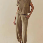 Two Piece Matching Sets Short Sleeve Pullover Tops Solid Color High Waisted Lounge Pants