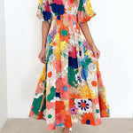 A-Line High Waisted Flower Print Pleated Split-Joint Zipper V-Neck Maxi Dresses