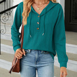 Solid Color Hooded Loose-Fitting Long-Sleeved Sweatshirt with Buttons