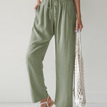 High Waist Trousers Solid Color Palazzo Pant Beach Casual Boho Drawstring Bottoms