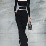 Women's Black And White Trim Square Neck Long Sleeve Tight Maxi Dress