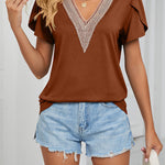 Gold Lace V Neck Tile Short Sleeve Solid Color T-Shirt Top