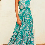 One Shoulder Drawstring Waist Printed Flowy Maxi Dress