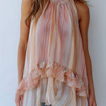 Boho Halter Neck Peach Sunset Chiffon Blouse With Ruffled Hem