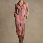 Western Retro Leopard Print Pink Faux Suede Zipper Tassel Midi Dress