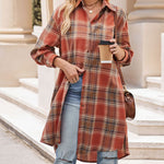 Nadorine Plaid Longline Button-Up Shacket Lapel Neck Long Sleeve Shirt Pocket