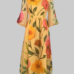 Loose Puff Sleeves Flower Print See-Through Round-Neck Midi Dresses