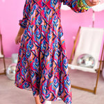 Multicolor Abstract Geometric Print Notch Neck Tiered Boho Dress