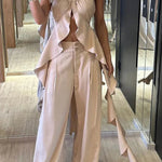 Sexy Solid Backless Flounce U Neck Sleeveless Two Pieces