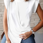 Loose Sleeveless Asymmetric Pleated Solid Color Split-Joint Mock Neck T-Shirts Tops