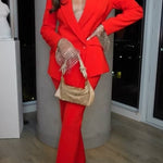 Luxe Lifestyle Single Button Lapel Blazer and Elastic Waist Pocketed Straight Suit Pants Set