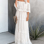 Off Shoulder Lace Maxi Dress Boho White Bridesmaid Wedding Evening Party Dresses