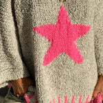 Warm Winter Day Texture Knit Star Pattern Contrast Color Loose Sweater