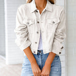 Nadorine Cropped Denim Jacket Button Down Short Trucker Distressed Raw Hem Ripped Jean Jackets