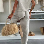 Leva Linen Blend Drawstring Short Sleeve Top and Elastic Waist Pocket Loose Tapered Pants