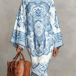 Long Sleeves Loose Contrast Color Printed Mock Neck Midi Dresses
