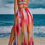 Eileen Tie-dye Print Exquisite Jewelry Ribbon Decoration Strapless Slit Maxi Dress