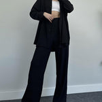 Elegant Solid Color Long-Sleeve Shirt Cardigan & Wide-Leg Pants Casual Set