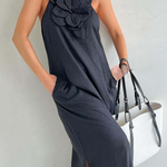 Vacay Ready Linen Blend Floral Embellishment Pocketed Slit Maxi Dress