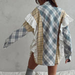 Sky Blue Plaid Print Patchwork Ruffle Shirt