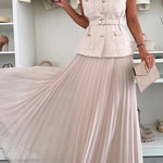 Relaxed and Elegant Round Neck Button Up Belted Pocket Loose Vest