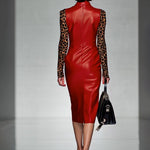 Red Pu Stitching Leopard Print Zipper Midi Dress