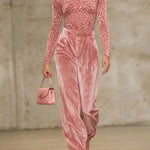 High Waisted Pleated Pockets Solid Color Velvet Pants Trousers