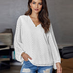 Nadorine Sweet Cute Blouse Loose Puff Sleeve Mesh Patchwork V-Neck Top